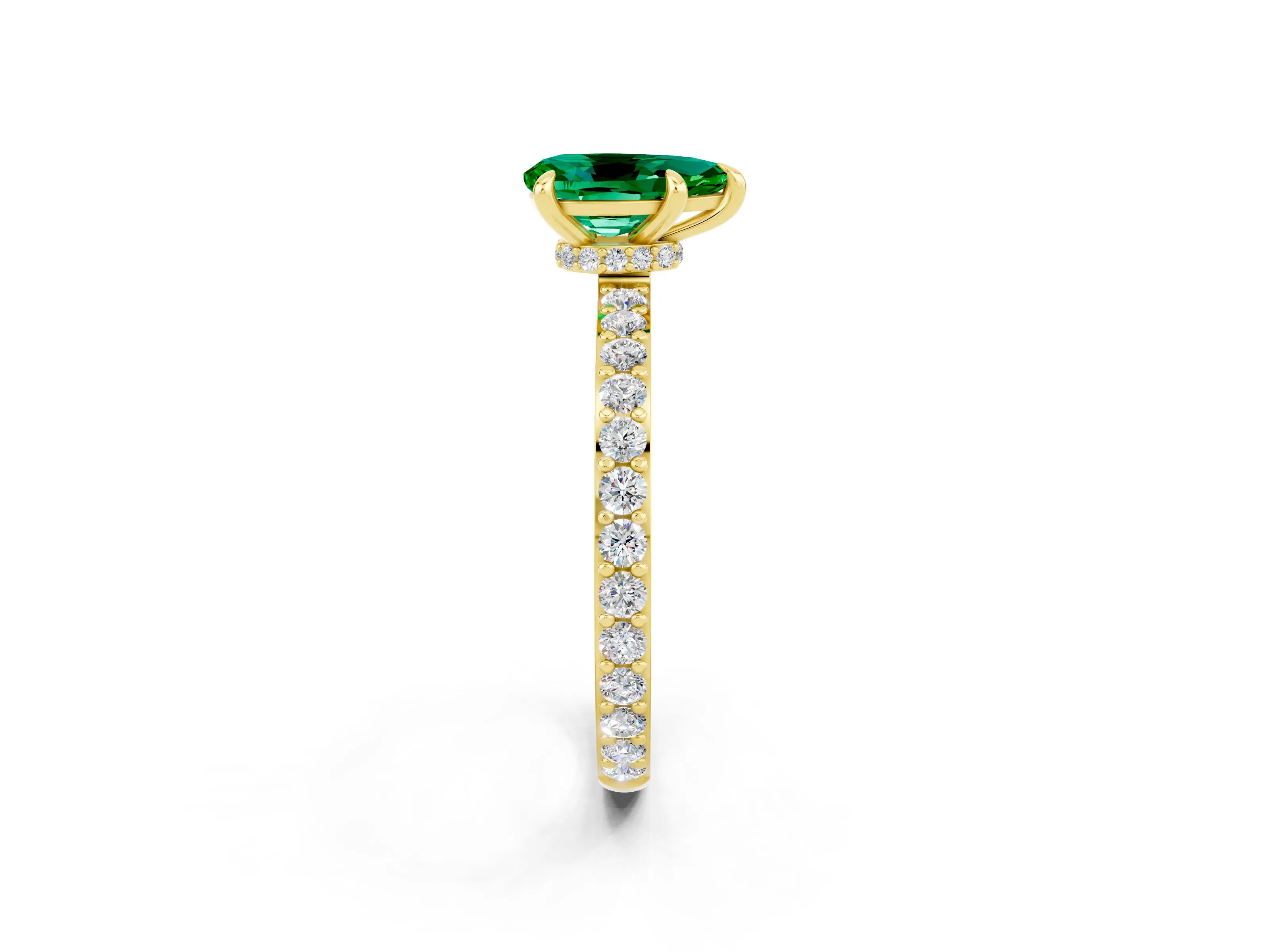 Yellow gold Pear Cut Emerald Ring with Pavé Band and Four-Prong Setting_2