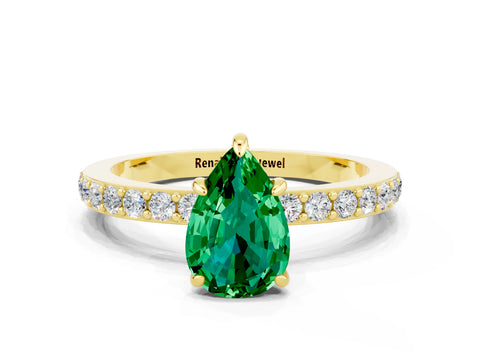 Yellow gold Pear Cut Emerald Ring with Pavé Band and Four-Prong Setting
