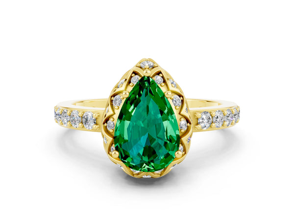 Yellow gold Pear Cut Emerald Scalloped Halo Engagement Ring with Round Shared Prong Band