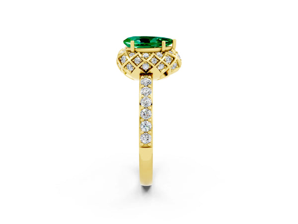 Yellow gold Pear Cut Emerald Scalloped Halo Engagement Ring with Round Shared Prong Band