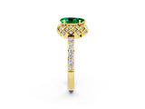Yellow gold Pear Cut Emerald Scalloped Halo Engagement Ring with Round Shared Prong Band_26