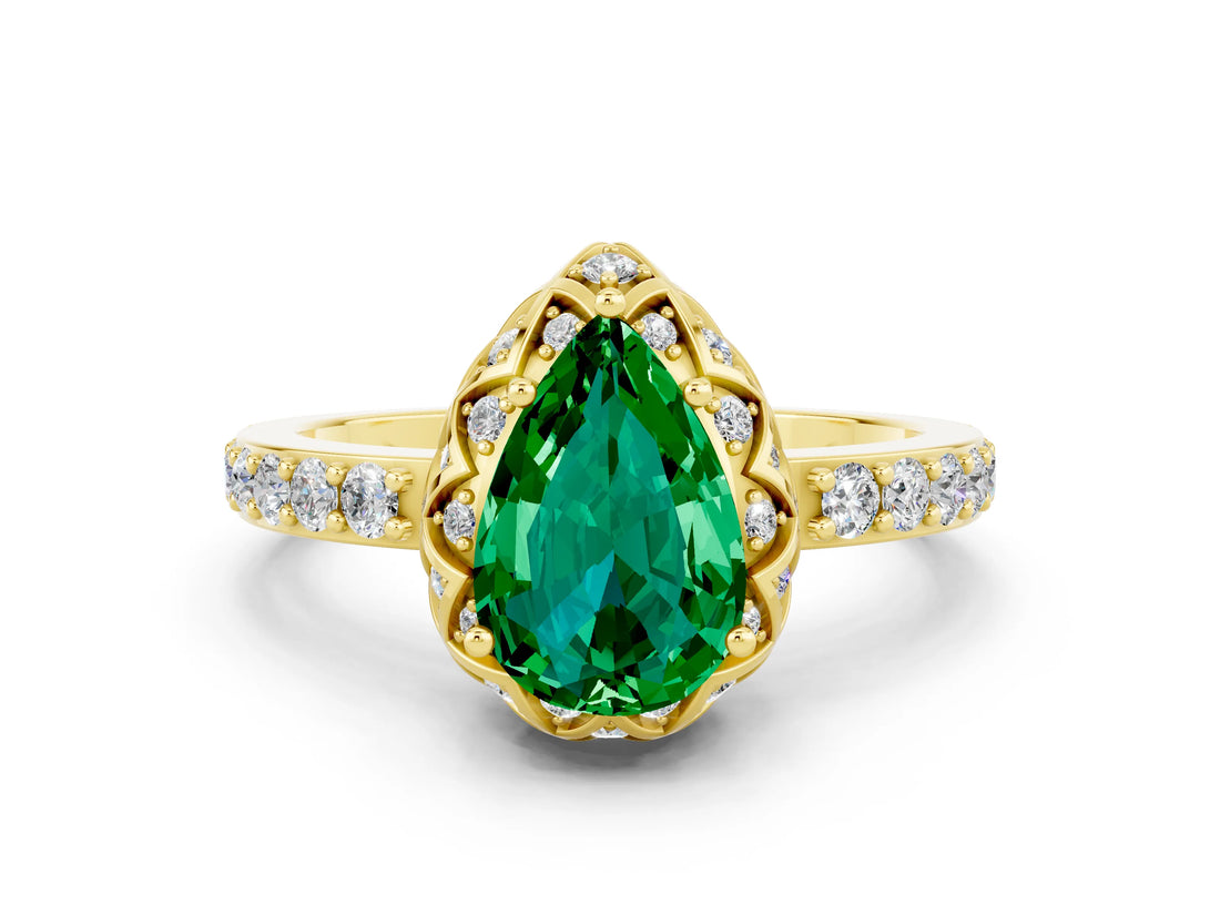 Yellow gold Pear Cut Emerald Scalloped Halo Engagement Ring with Round Shared Prong Band_30