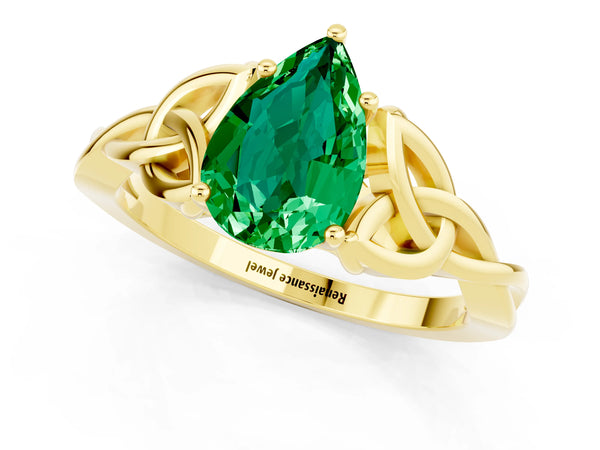 Yellow gold Pear Cut Emerald Solitaire Celtic Knot Ring with Four-Prong Setting