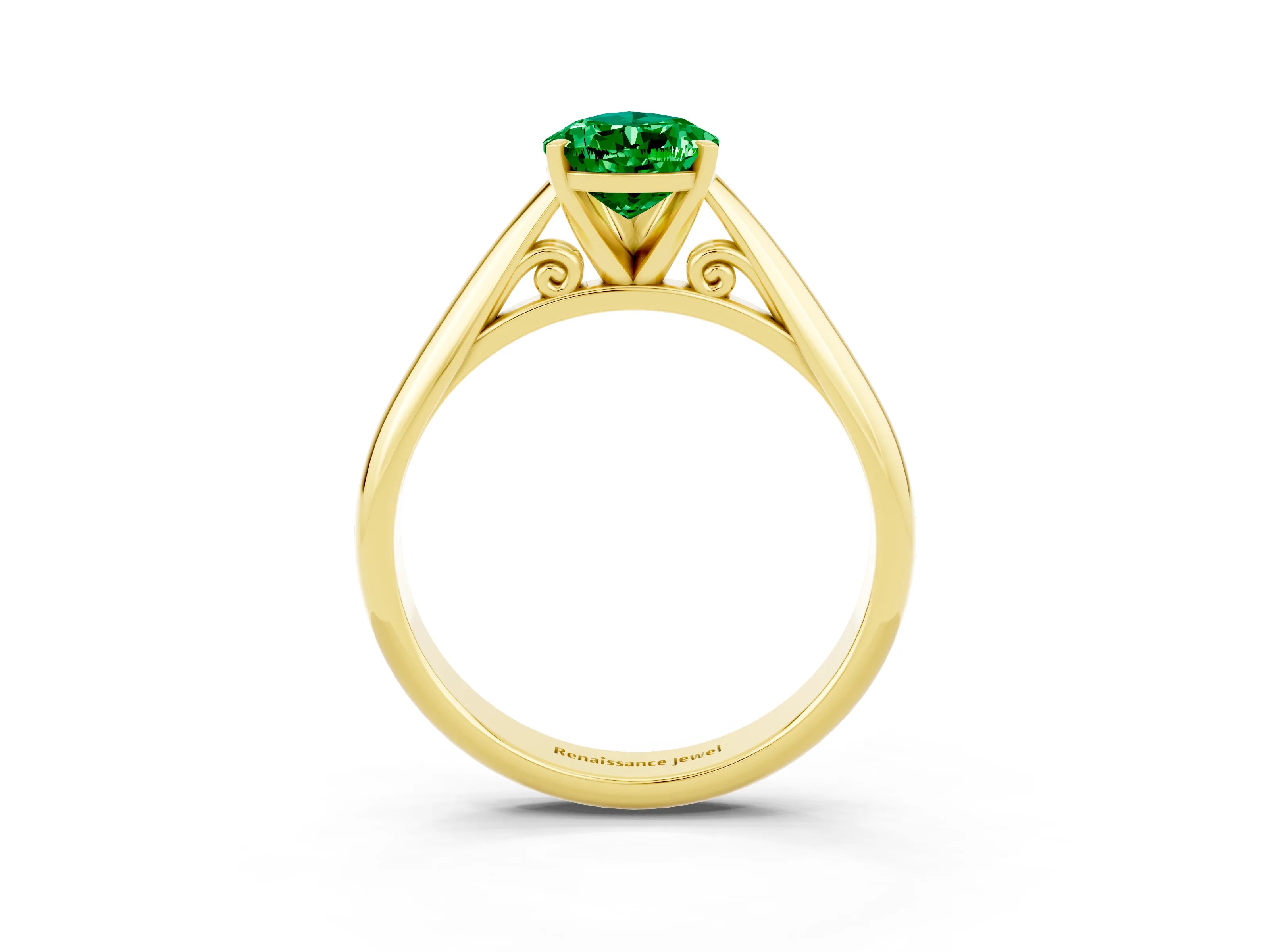 Yellow gold Pear Cut Emerald Solitaire Engagement Ring with Cathedral Setting and Four-Prong Mount_15