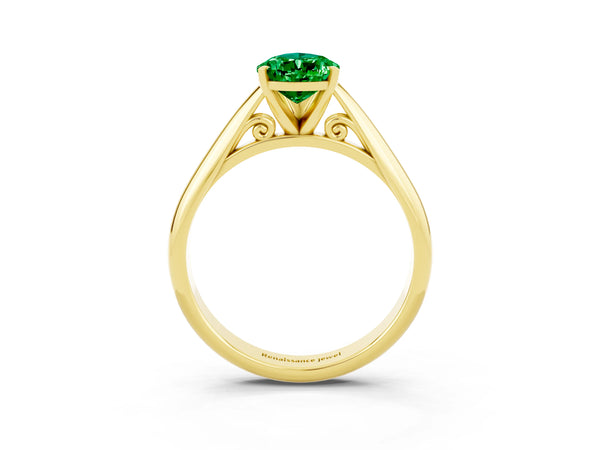 Yellow gold Pear Cut Emerald Solitaire Engagement Ring with Cathedral Setting and Four-Prong Mount