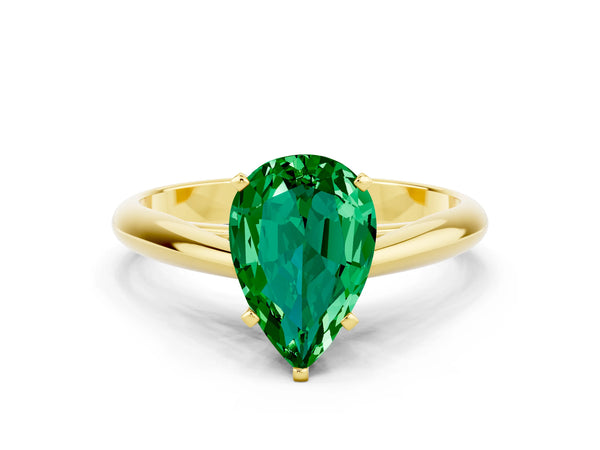 Yellow gold Pear Cut Emerald Solitaire Engagement Ring with Cathedral Setting and Four-Prong Mount