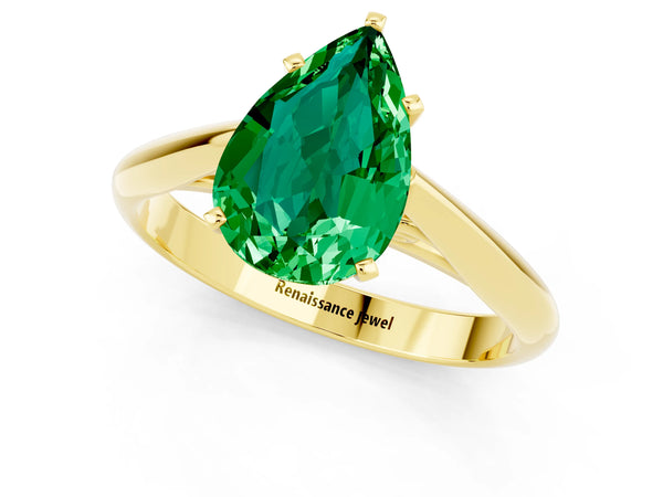 Yellow gold Pear Cut Emerald Solitaire Engagement Ring with Cathedral Setting and Four-Prong Mount