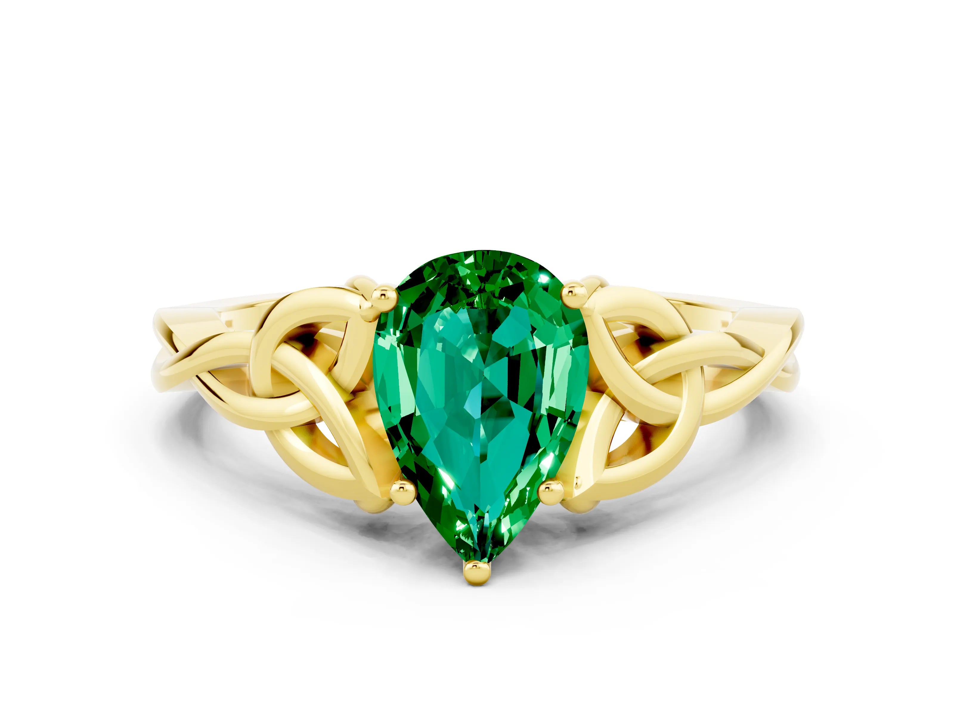 Yellow gold Pear Cut Emerald Solitaire Engagement Ring with Celtic Knot Band and Four-Prong Setting