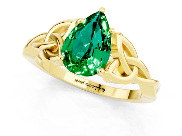 Yellow gold Pear Cut Emerald Solitaire Engagement Ring with Celtic Knot Band and Four-Prong Setting