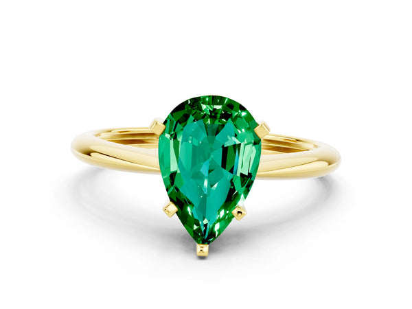 Yellow gold Pear Cut Emerald Solitaire Engagement Ring with Classic Band and Four-Prong Setting