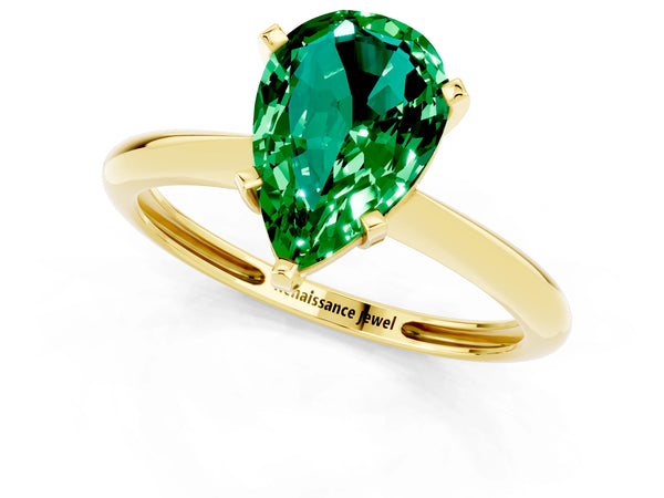 Yellow gold Pear Cut Emerald Solitaire Engagement Ring with Classic Band and Four-Prong Setting