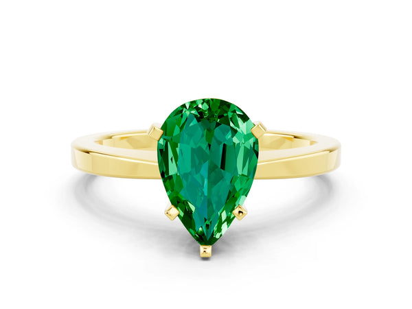 Yellow gold Pear Cut Emerald Solitaire Engagement Ring with Classic Band and Four-Prong Setting