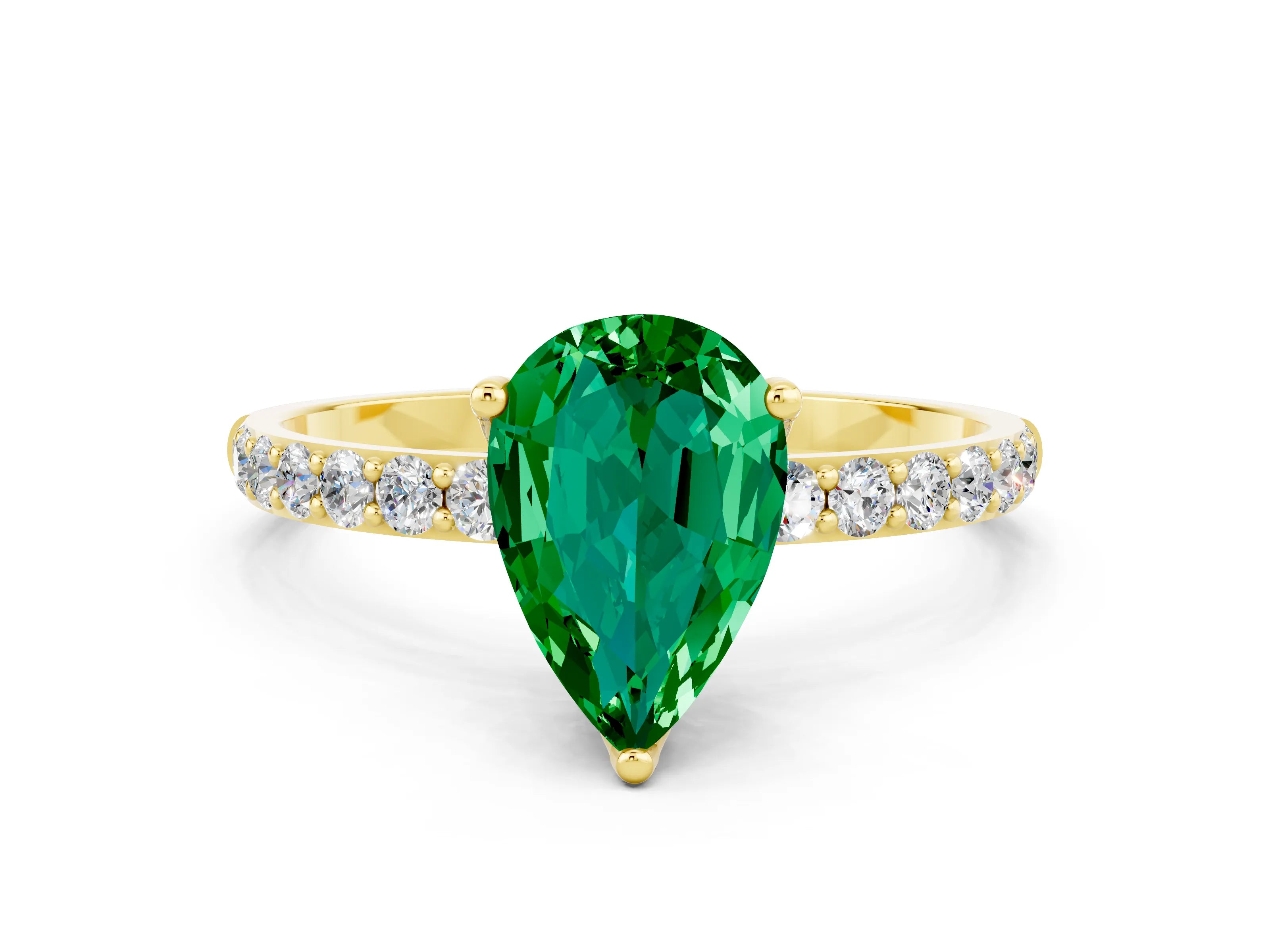 Yellow gold Pear Cut Emerald Solitaire Engagement Ring with Pavé Band and Prong Setting