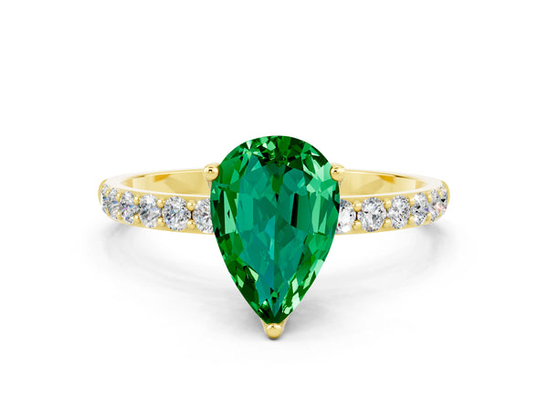 Yellow gold Pear Cut Emerald Solitaire Engagement Ring with Round  Pavé Band and Prong Setting