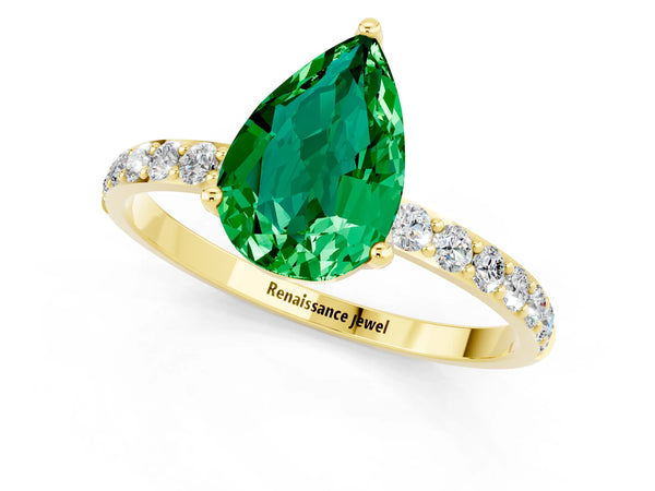 Yellow gold Pear Cut Emerald Solitaire Engagement Ring with Round  Pavé Band and Prong Setting