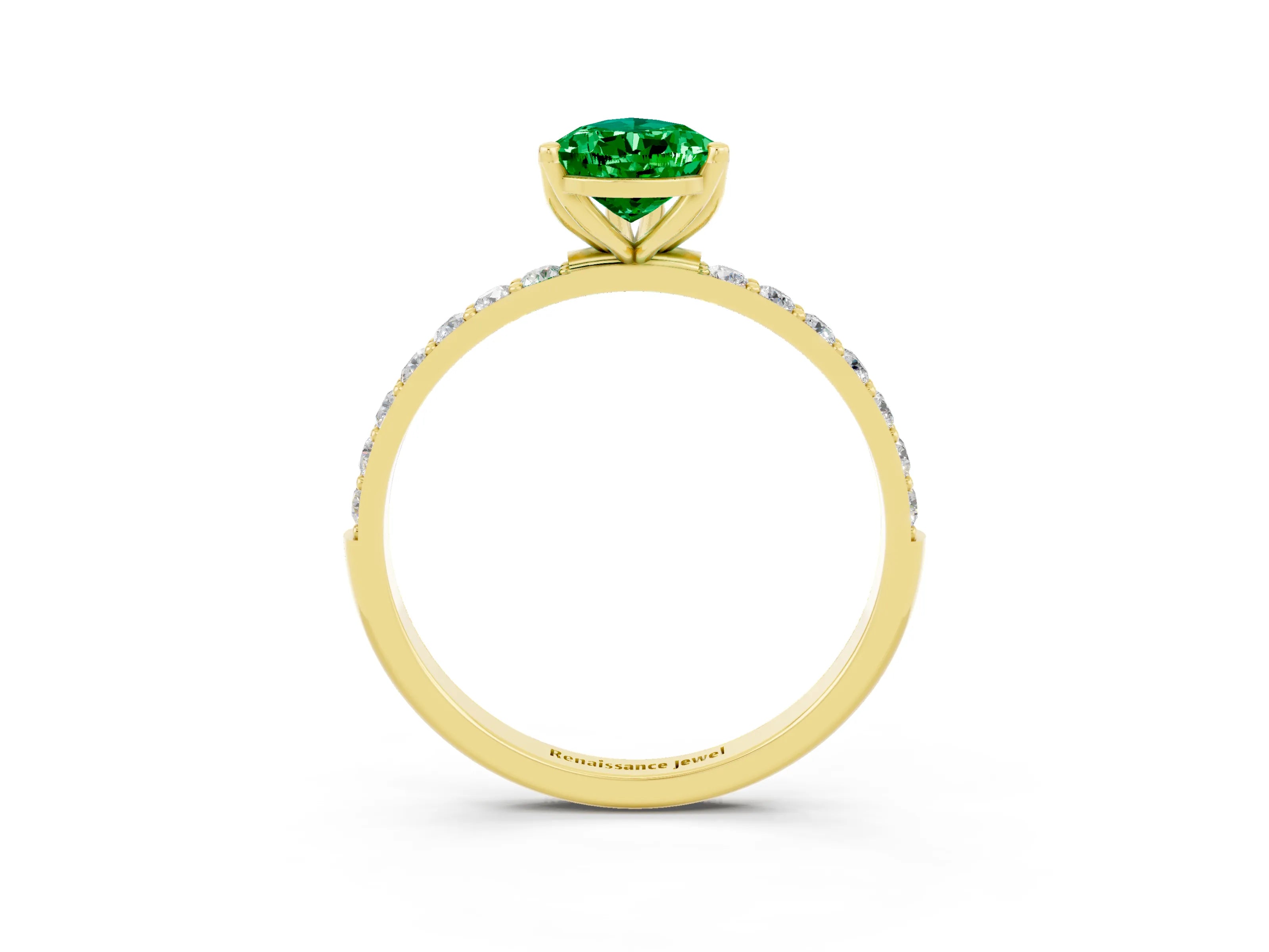 Yellow gold Pear Cut Emerald Solitaire Engagement Ring with Pavé Band and Prong Setting_3