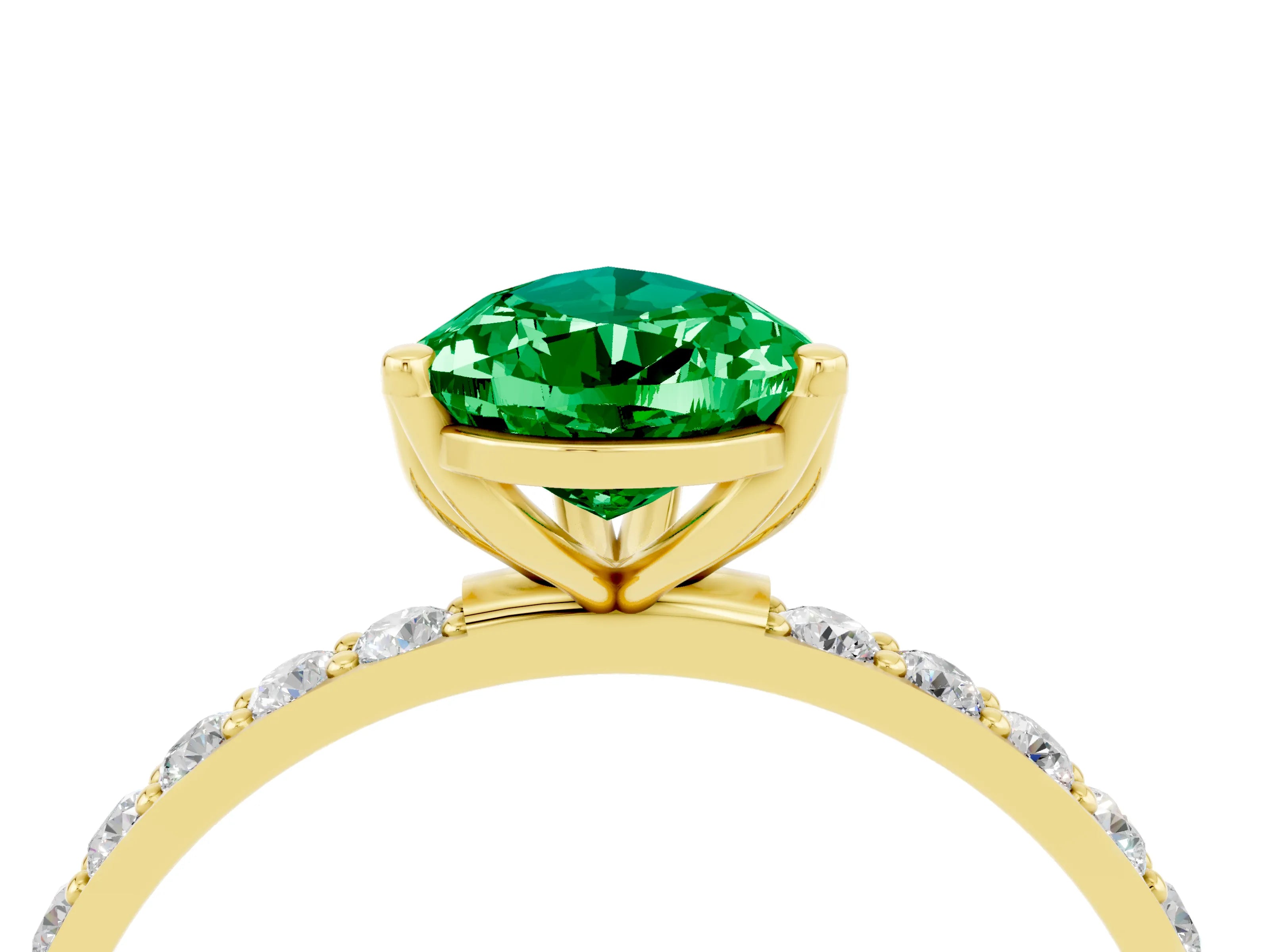 Yellow gold Pear Cut Emerald Solitaire Engagement Ring with Pavé Band and Prong Setting_4