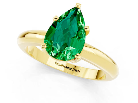 Yellow gold Pear Cut Emerald Solitaire Engagement Ring with Round Band and Four-Prong Setting_1