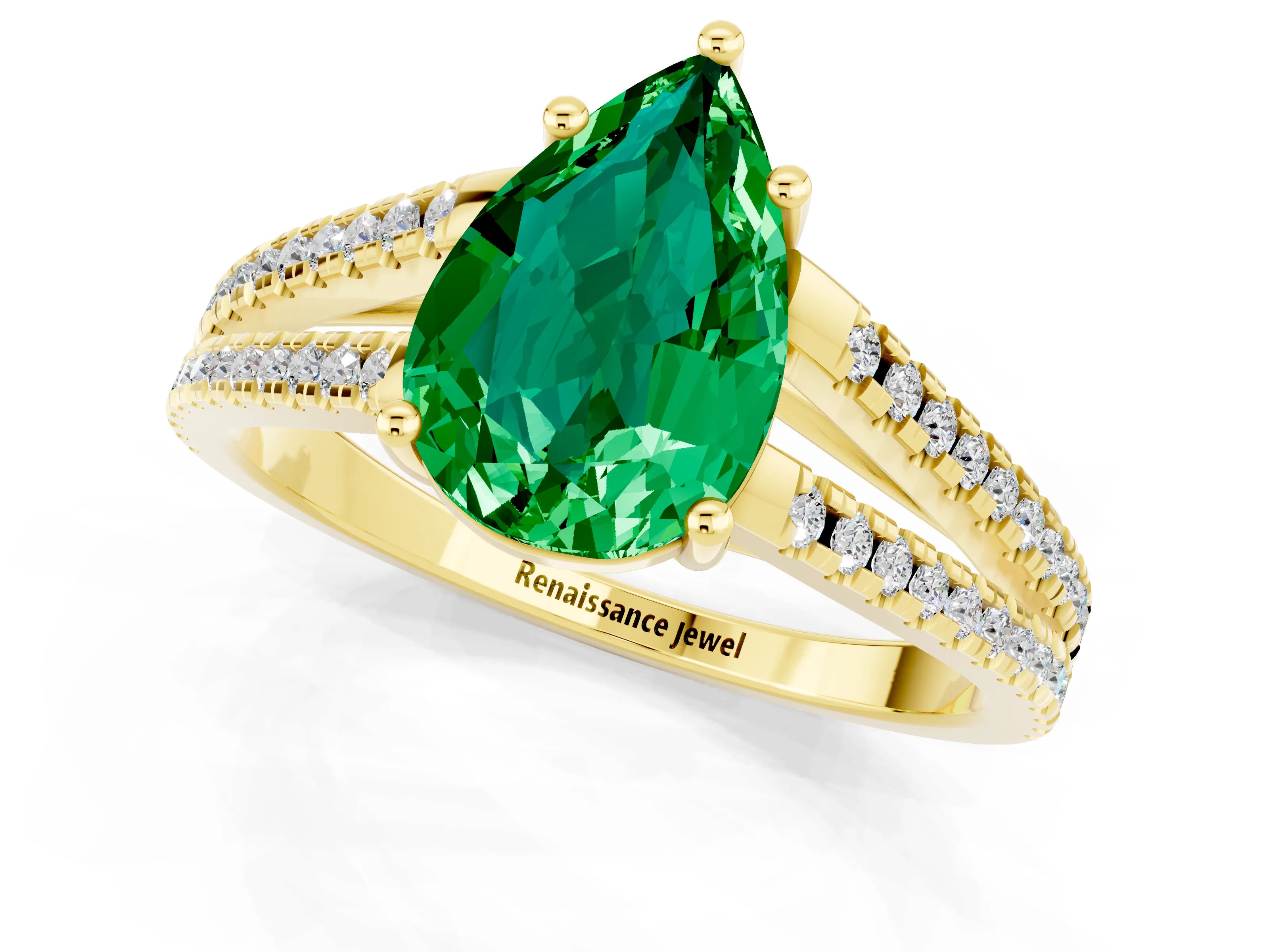 Yellow gold Pear Cut Emerald Solitaire Engagement Ring with Split Shank Pavé Band_1
