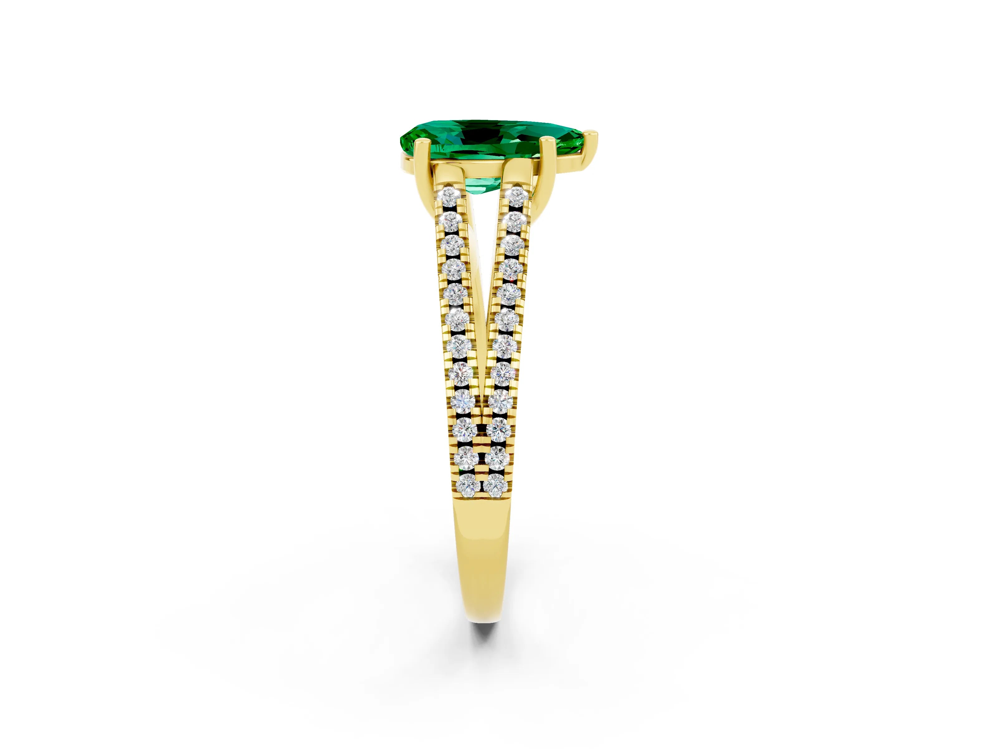 Yellow gold Pear Cut Emerald Solitaire Engagement Ring with Split Shank Pavé Band_2