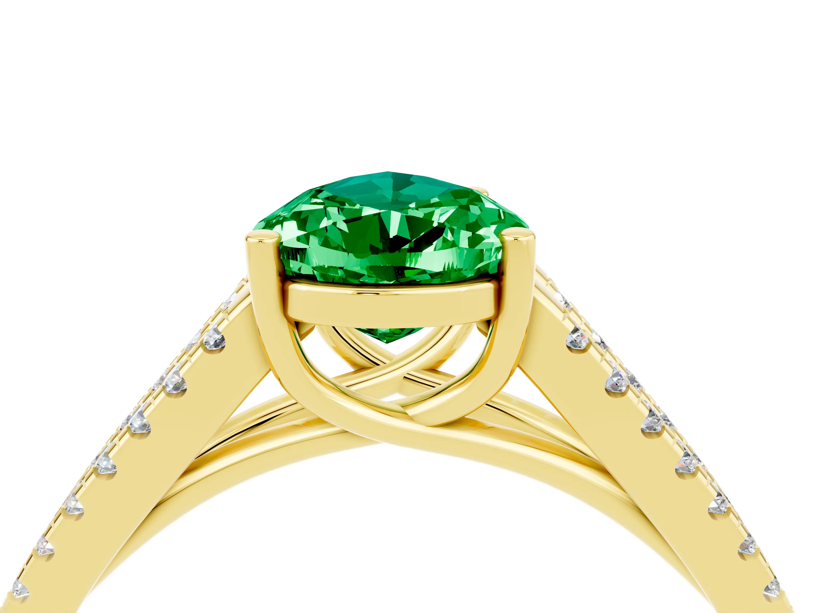 Yellow gold Pear Cut Emerald Solitaire Engagement Ring with Split Shank Pavé Band_4