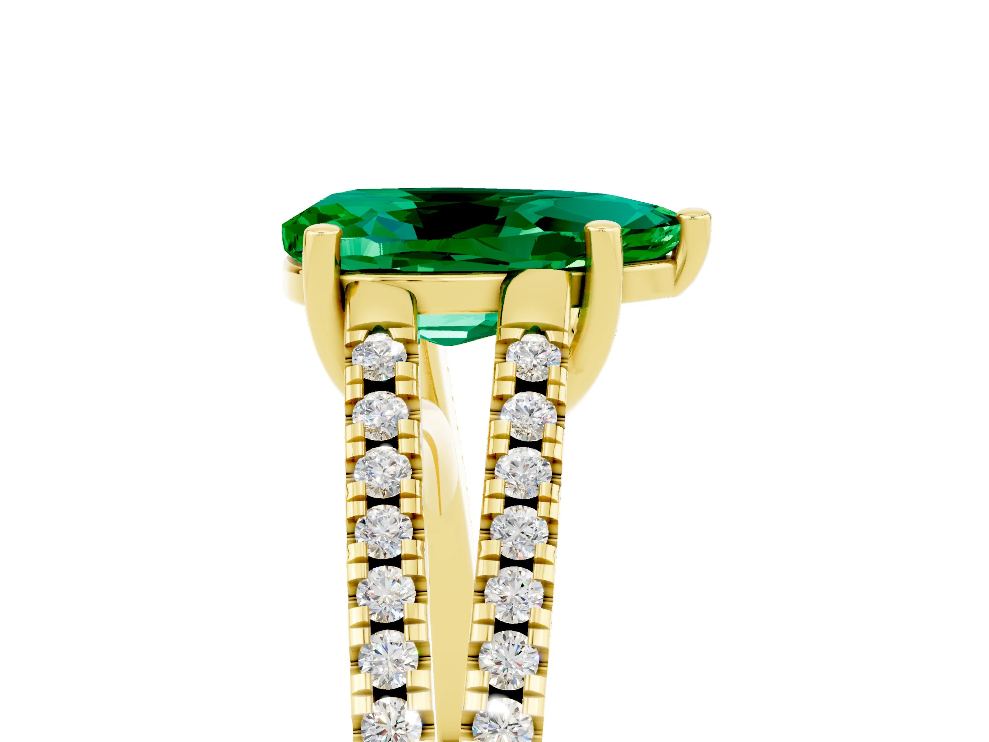 Yellow gold Pear Cut Emerald Solitaire Engagement Ring with Split Shank Pavé Band_5