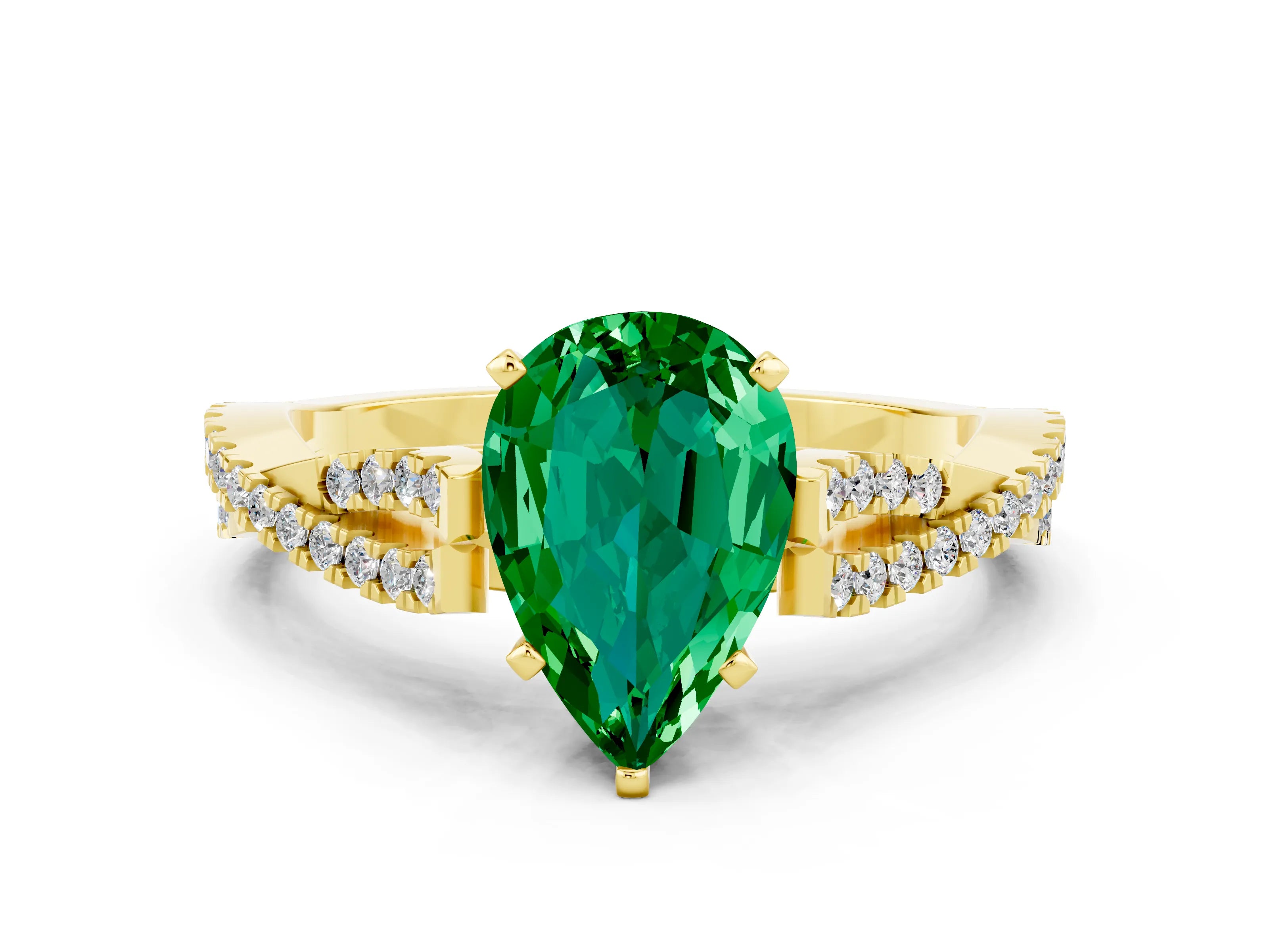 Yellow gold Pear Cut Emerald Solitaire Engagement Ring with Twisted Pavé Band and Four-Prong Setting
