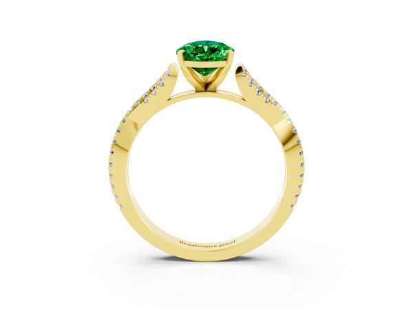 Yellow gold Pear Cut Emerald Solitaire Engagement Ring with Twisted Pavé Band and Four-Prong Setting