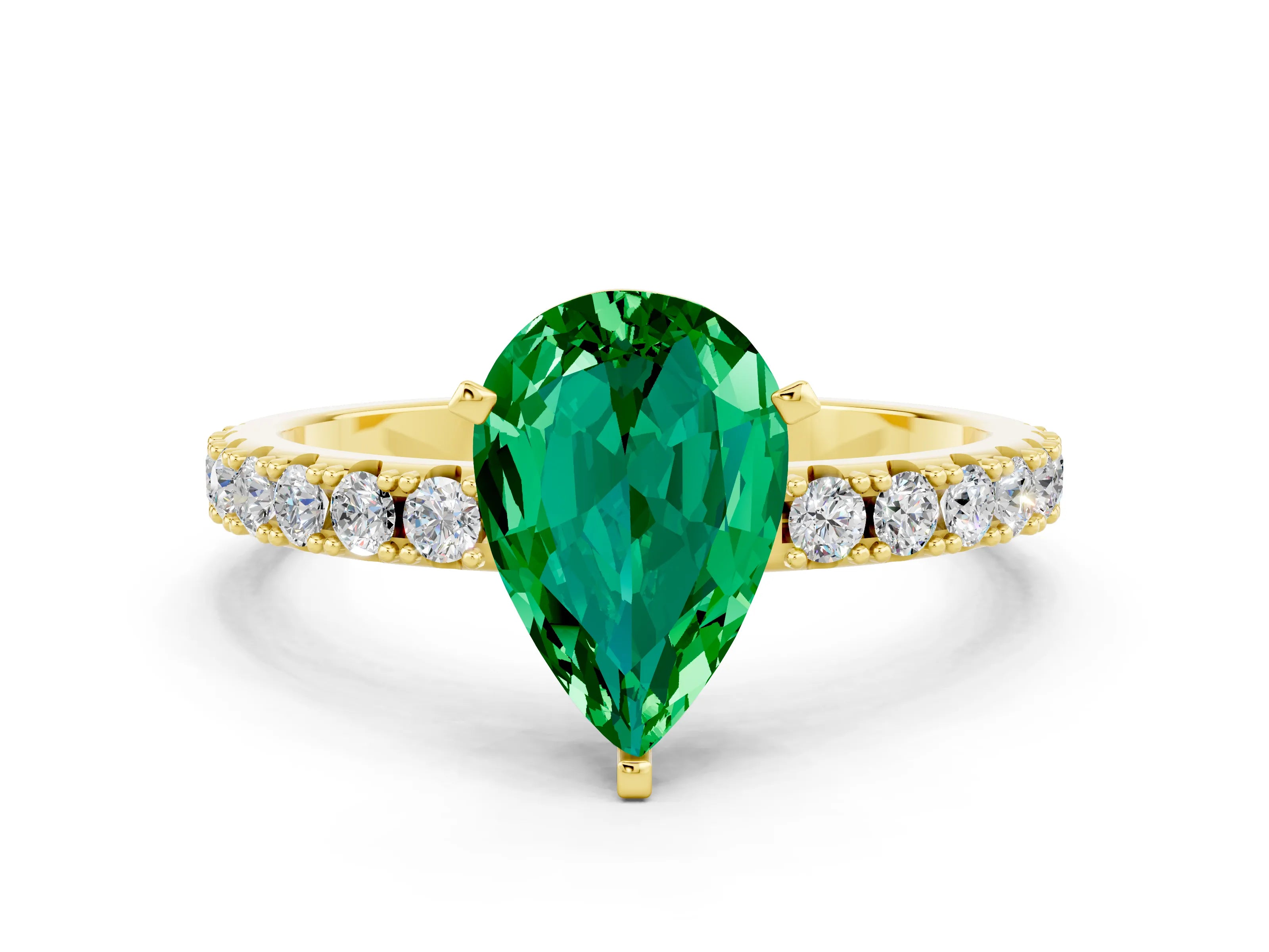 Yellow gold Pear Cut Emerald Solitaire Pavé Band with Four-Prong Setting