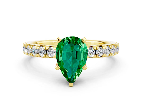 Yellow gold Pear Cut Emerald Solitaire Pavé Engagement Ring with Round Band and Prong Setting