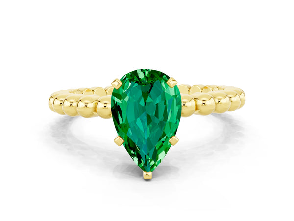 Yellow gold Pear Cut Emerald Solitaire Ring with Beaded Band and Prong Setting