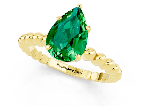 Yellow gold Pear Cut Emerald Solitaire Ring with Beaded Band and Prong Setting