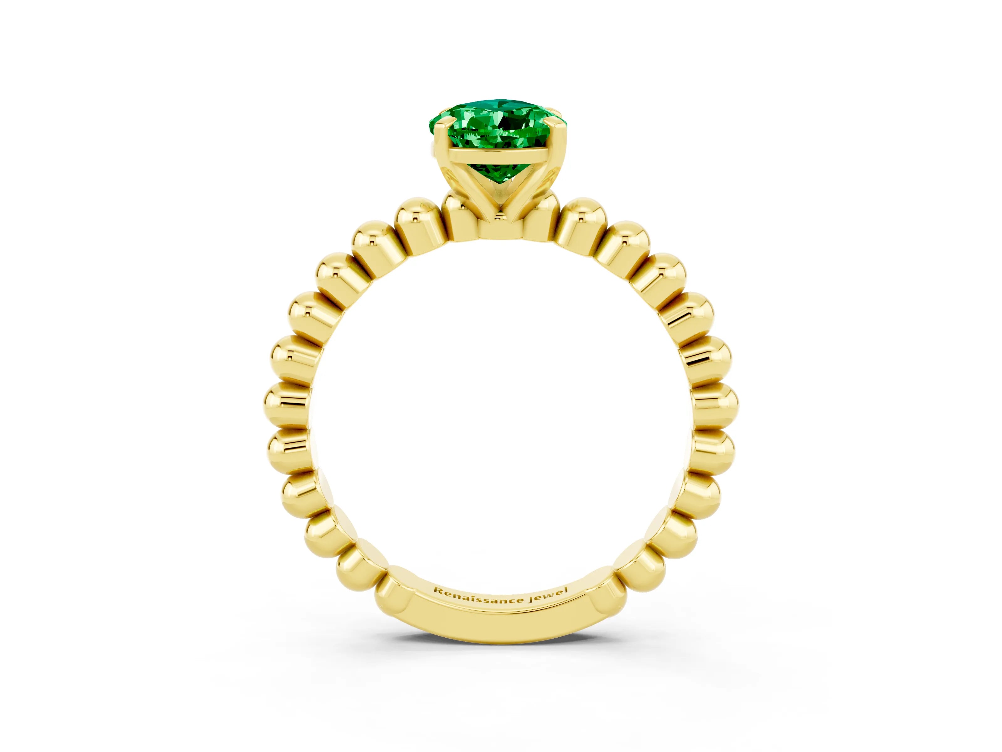 Yellow gold Pear Cut Emerald Solitaire Ring with Beaded Band and Prong Setting_3