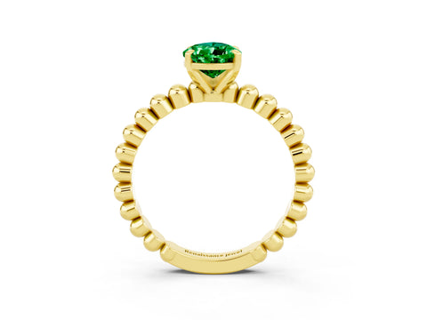 Yellow gold Pear Cut Emerald Solitaire Ring with Beaded Band and Prong Setting_3