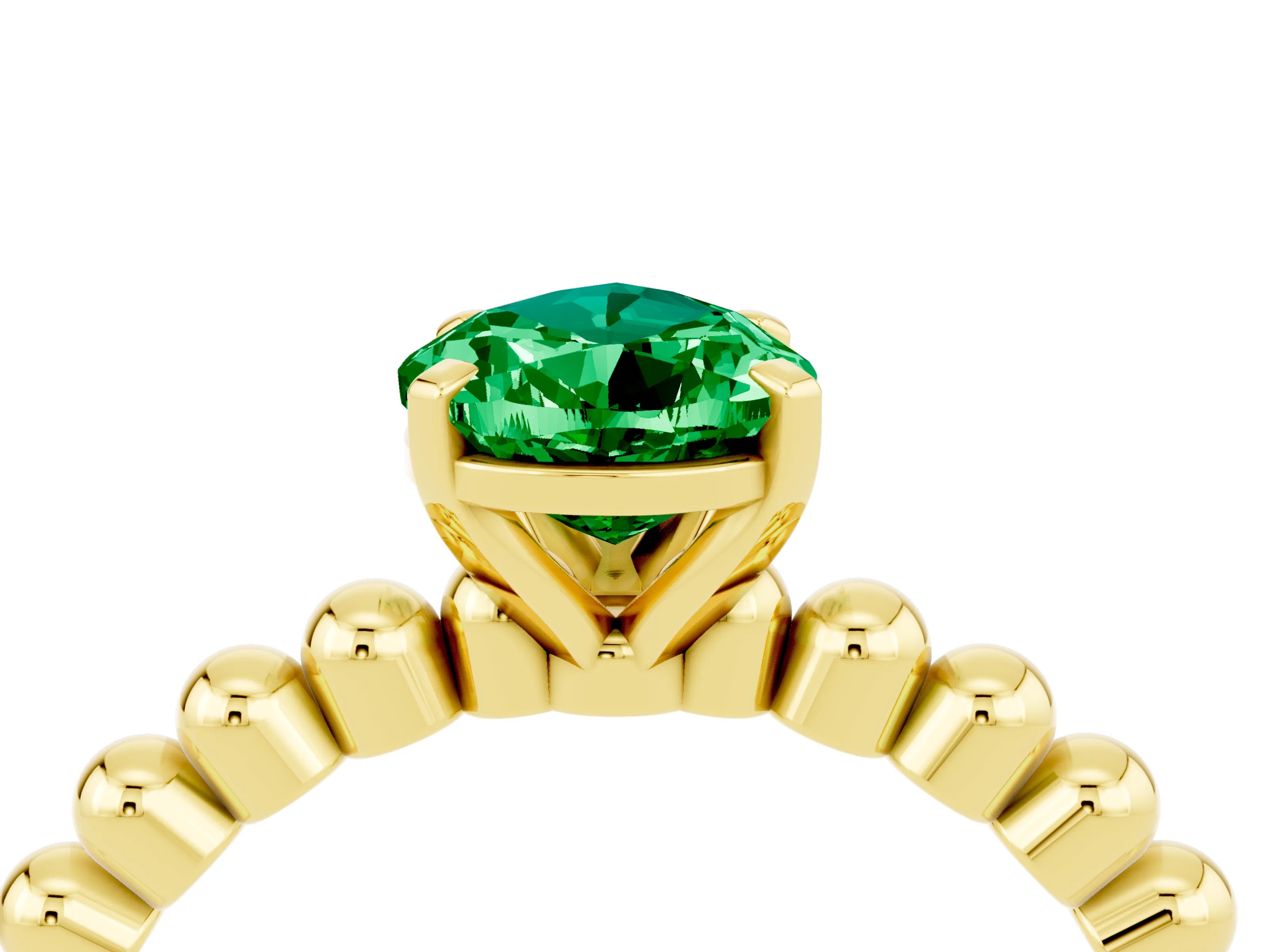 Yellow gold Pear Cut Emerald Solitaire Ring with Beaded Band and Prong Setting_4