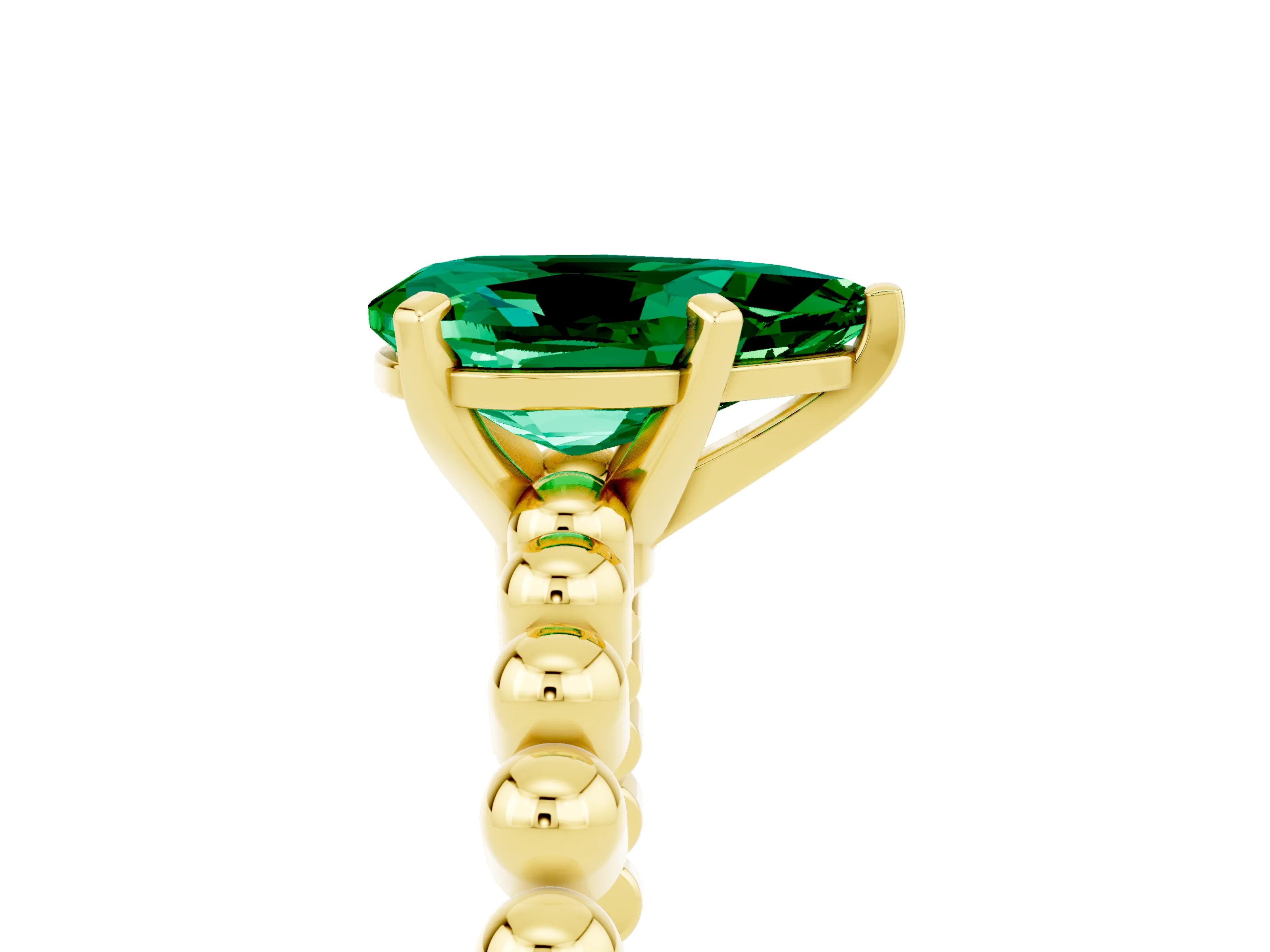 Yellow gold Pear Cut Emerald Solitaire Ring with Beaded Band and Prong Setting_5