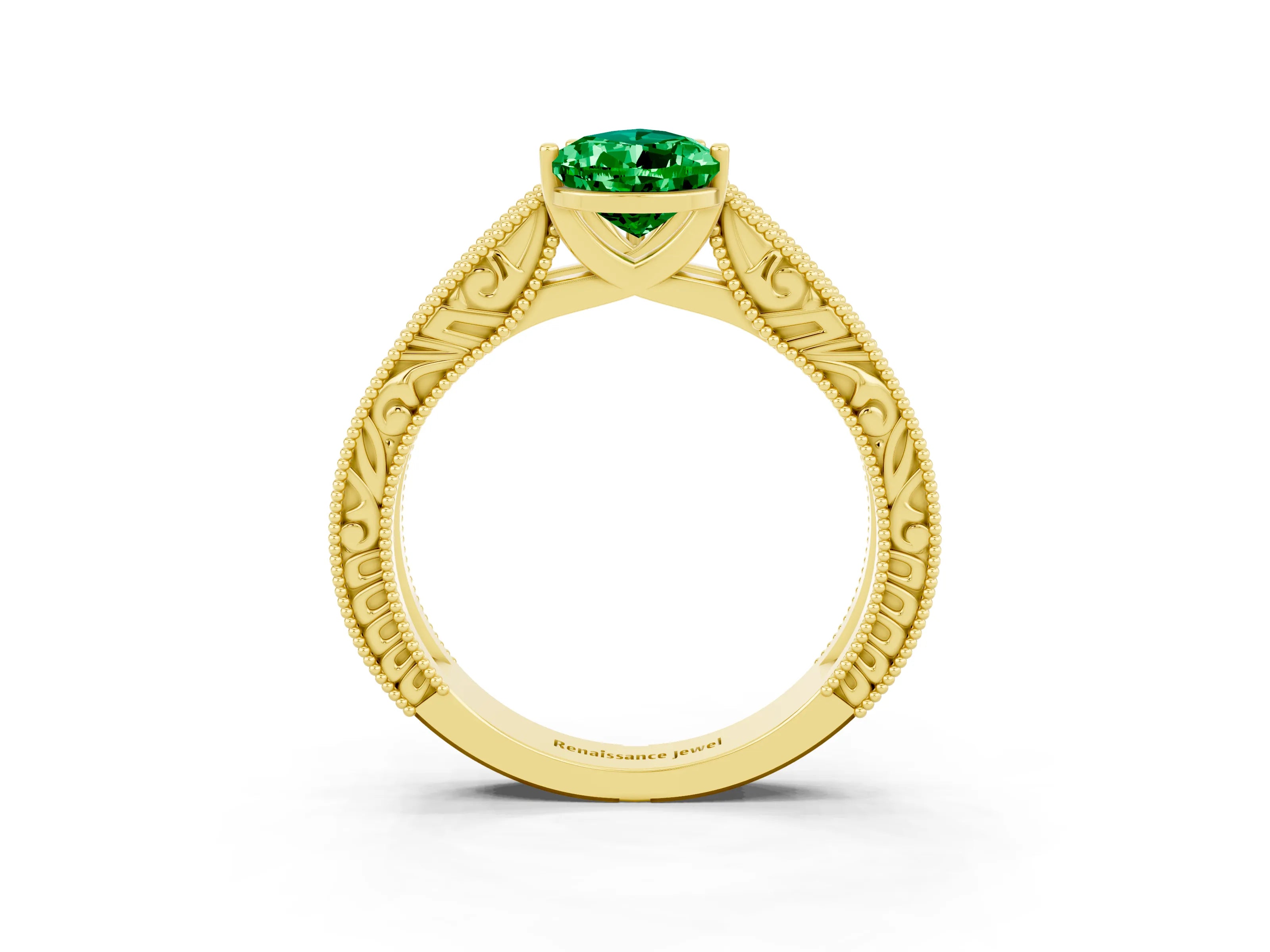 Yellow gold Pear Cut Emerald Solitaire Ring with Engraved Band and Four-Prong Setting_3