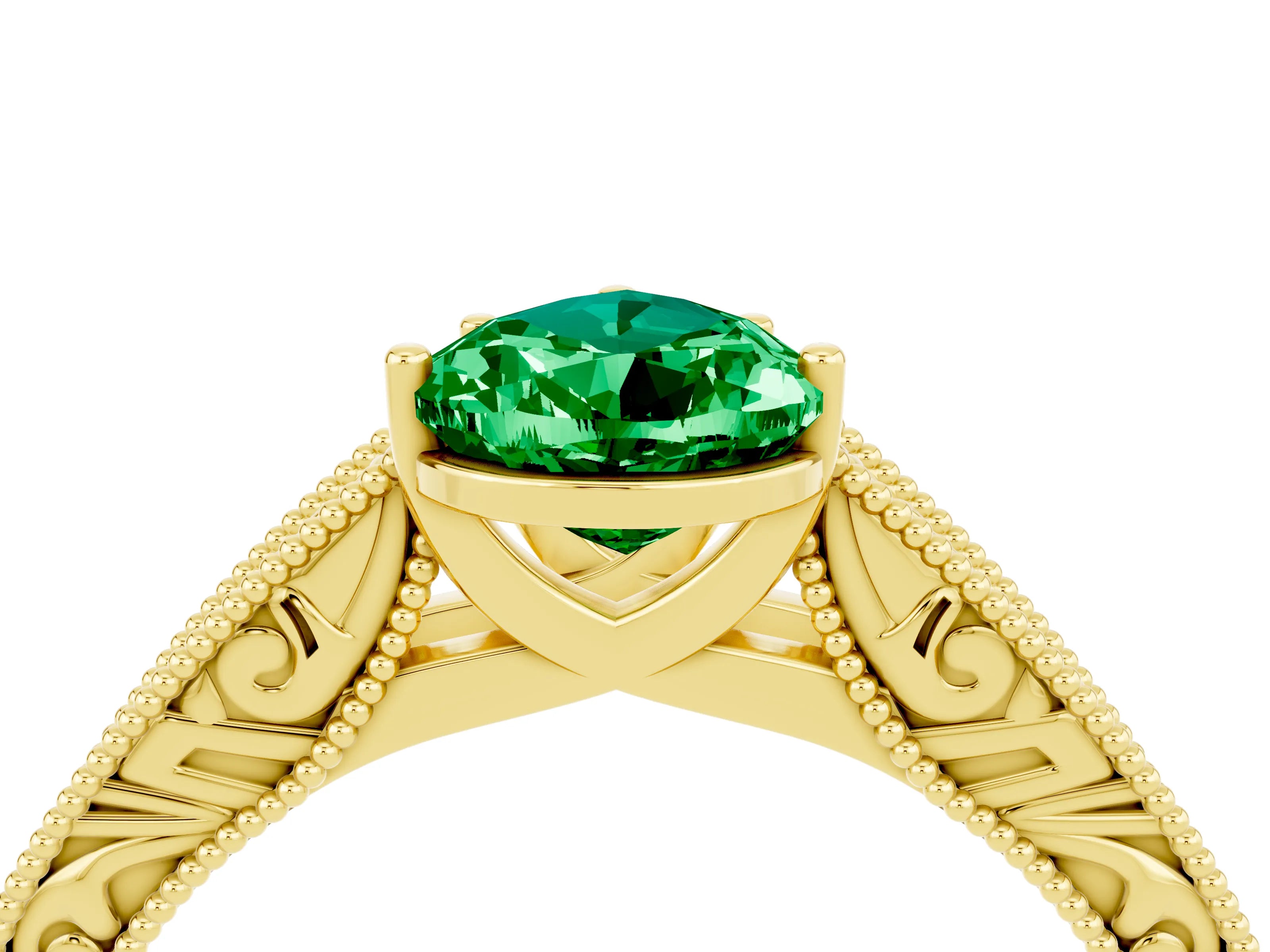 Yellow gold Pear Cut Emerald Solitaire Ring with Engraved Band and Four-Prong Setting_4