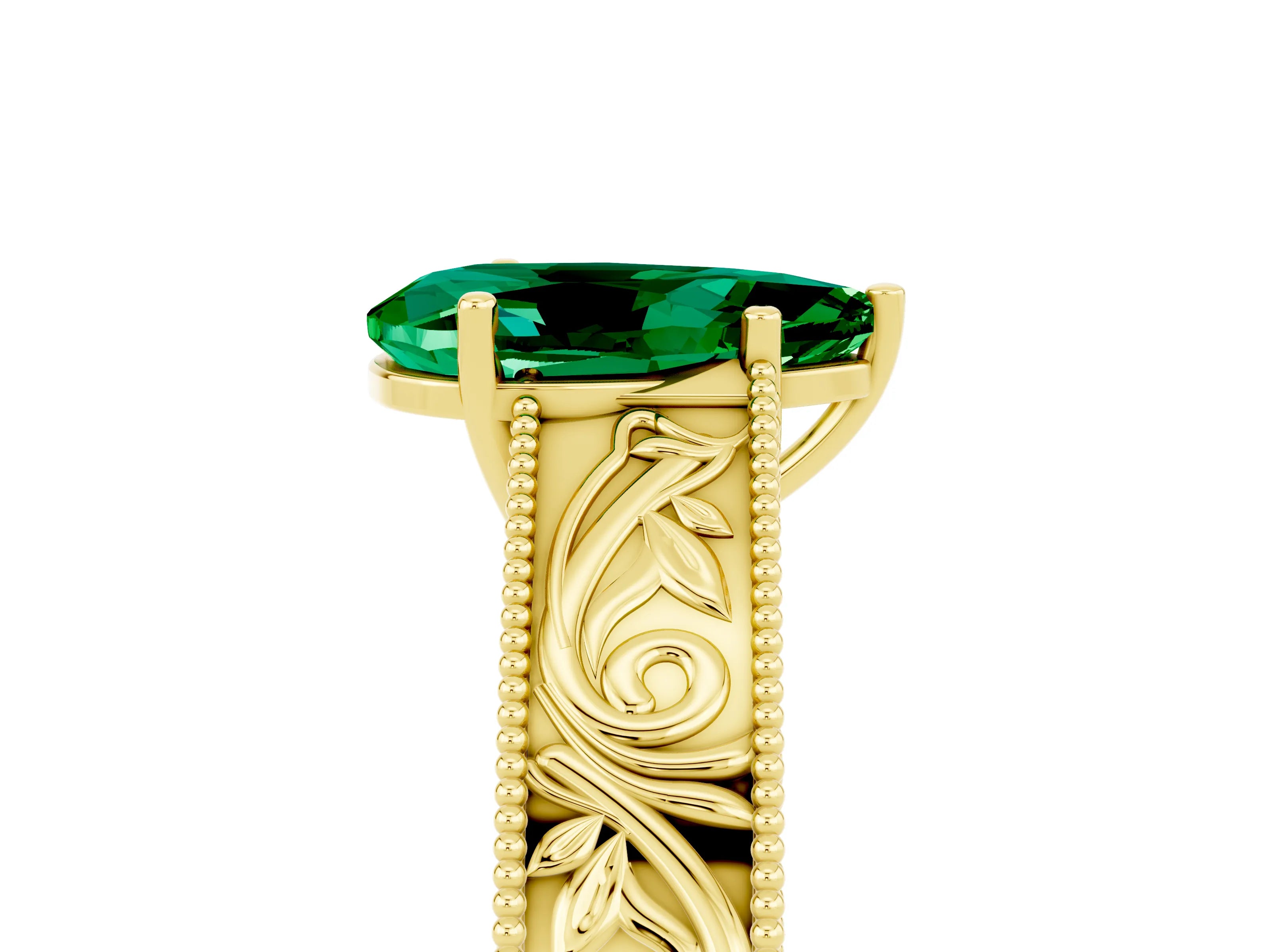 Yellow gold Pear Cut Emerald Solitaire Ring with Engraved Band and Four-Prong Setting_5