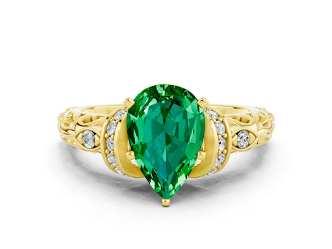 Yellow gold Pear Cut Emerald Solitaire Ring with Filigree Band and Four-Prong Setting_24