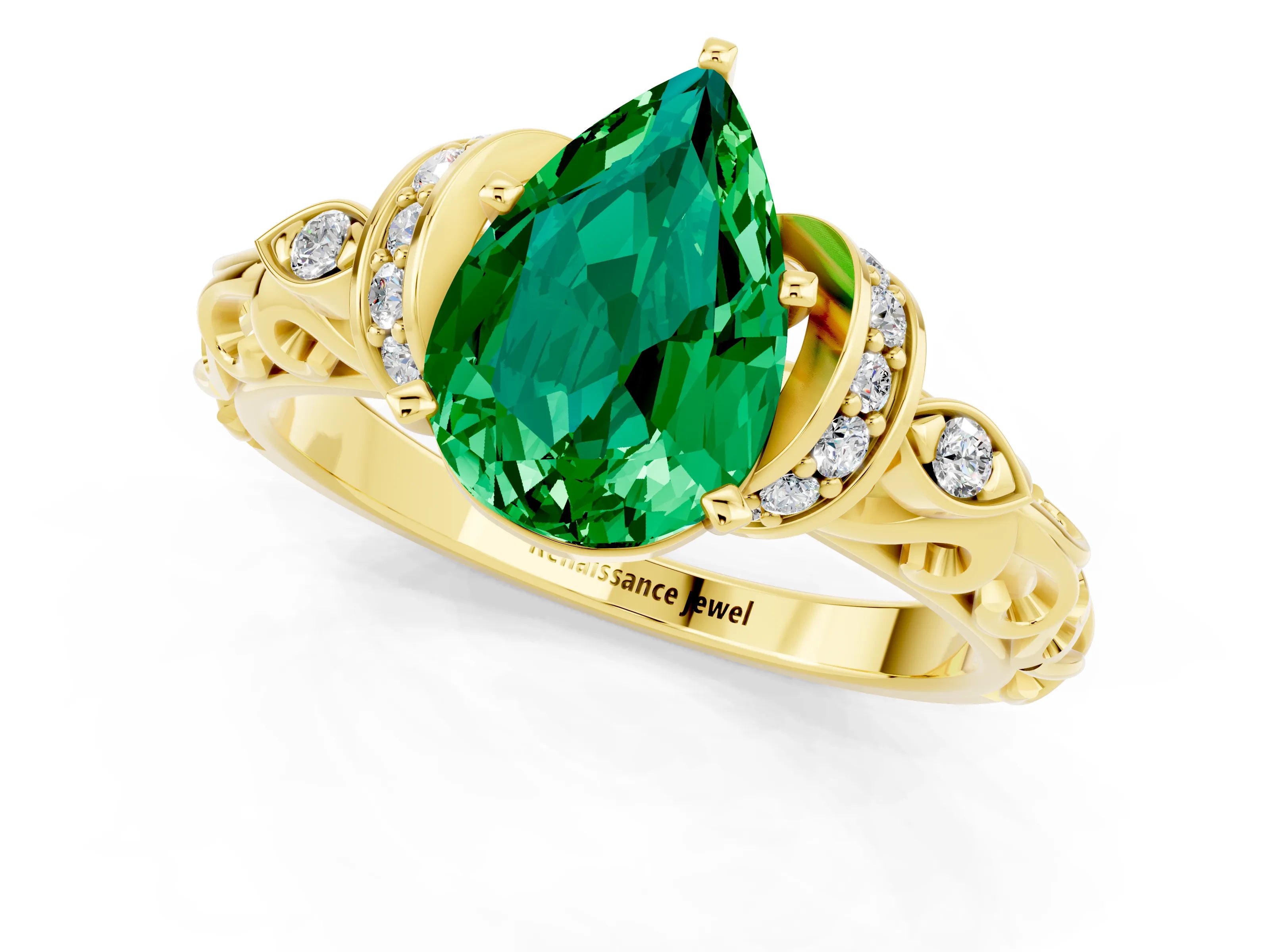 Yellow gold Pear Cut Emerald Solitaire Ring with Filigree Band and Four-Prong Setting_25