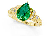 Yellow gold Pear Cut Emerald Solitaire Ring with Filigree Band and Four-Prong Setting_25