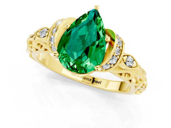 Yellow gold Pear Cut Emerald Solitaire Ring with Filigree Band and Four-Prong Setting