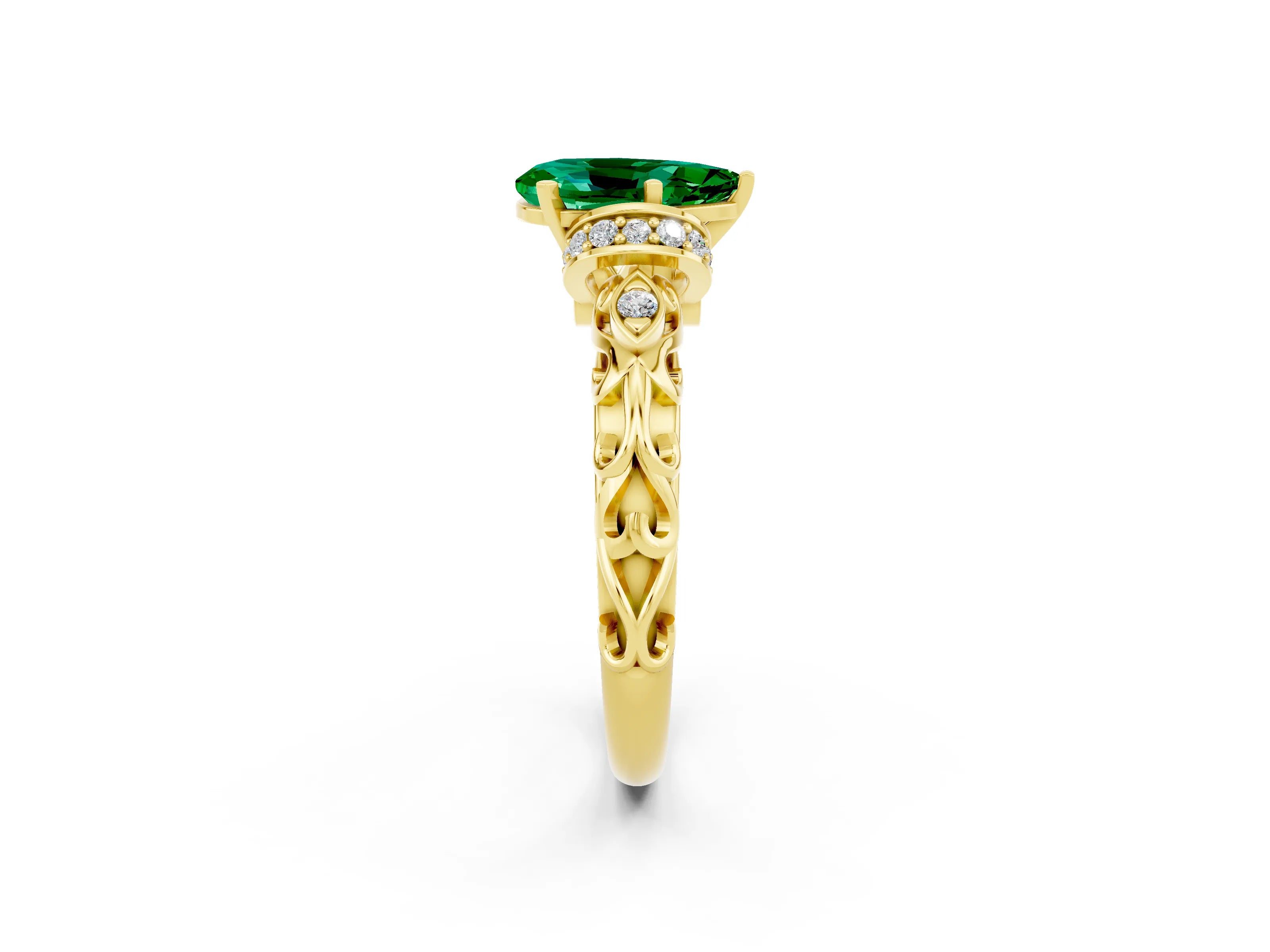 Yellow gold Pear Cut Emerald Solitaire Ring with Filigree Band and Four-Prong Setting_26