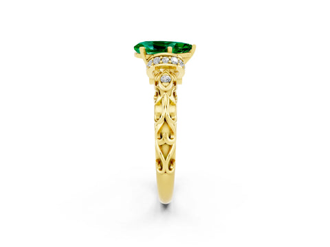 Yellow gold Pear Cut Emerald Solitaire Ring with Filigree Band and Four-Prong Setting_26