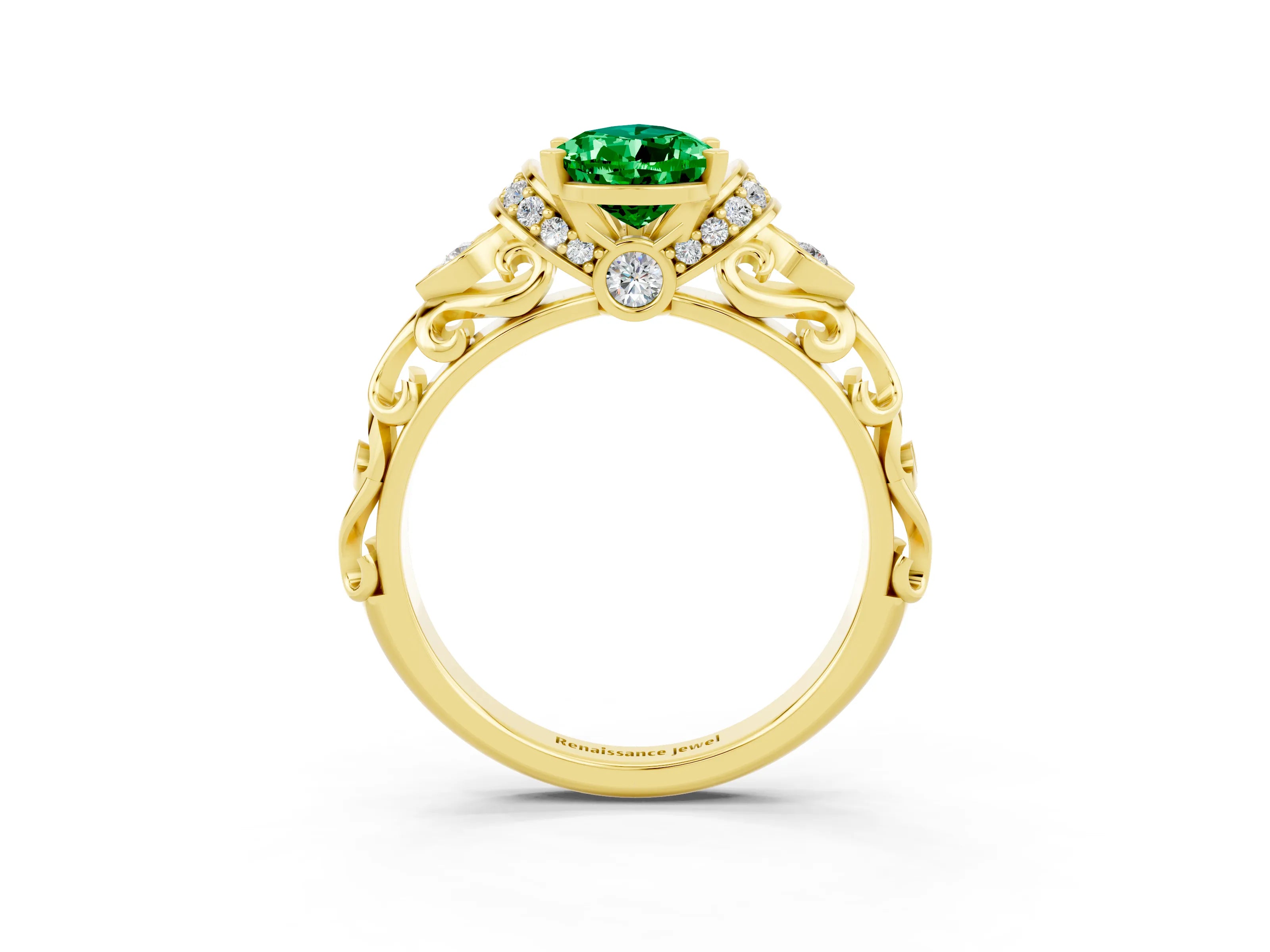 Yellow gold Pear Cut Emerald Solitaire Ring with Filigree Band and Four-Prong Setting_27