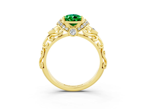 Yellow gold Pear Cut Emerald Solitaire Ring with Filigree Band and Four-Prong Setting
