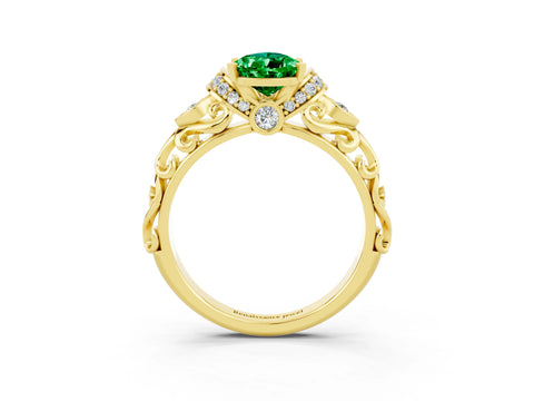 Yellow gold Pear Cut Emerald Solitaire Ring with Filigree Band and Four-Prong Setting_27