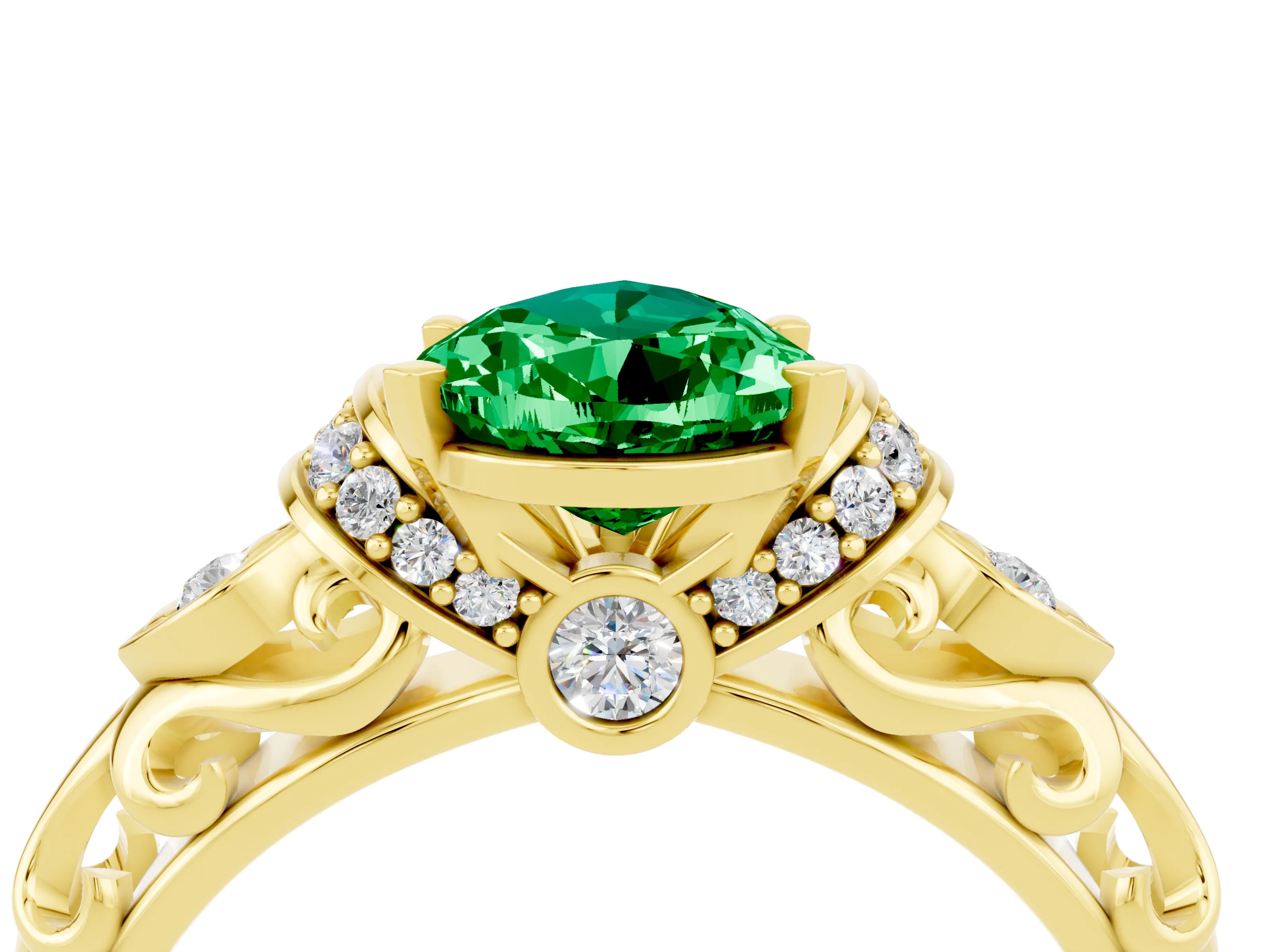 Yellow gold Pear Cut Emerald Solitaire Ring with Filigree Band and Four-Prong Setting_28
