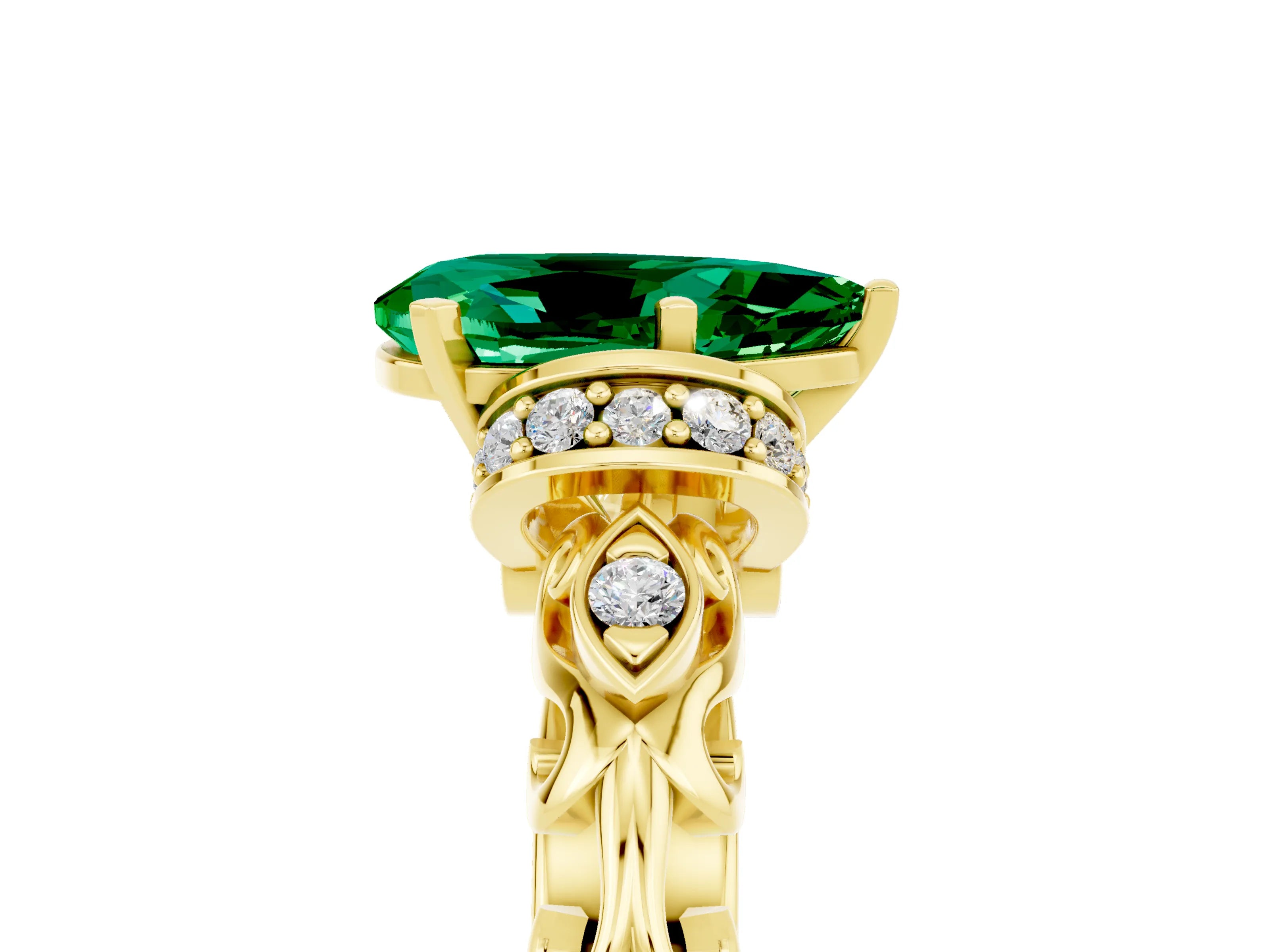 Yellow gold Pear Cut Emerald Solitaire Ring with Filigree Band and Four-Prong Setting_29